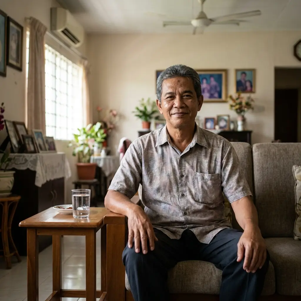 Lelaki duduk berehat dengan tenang di sofa