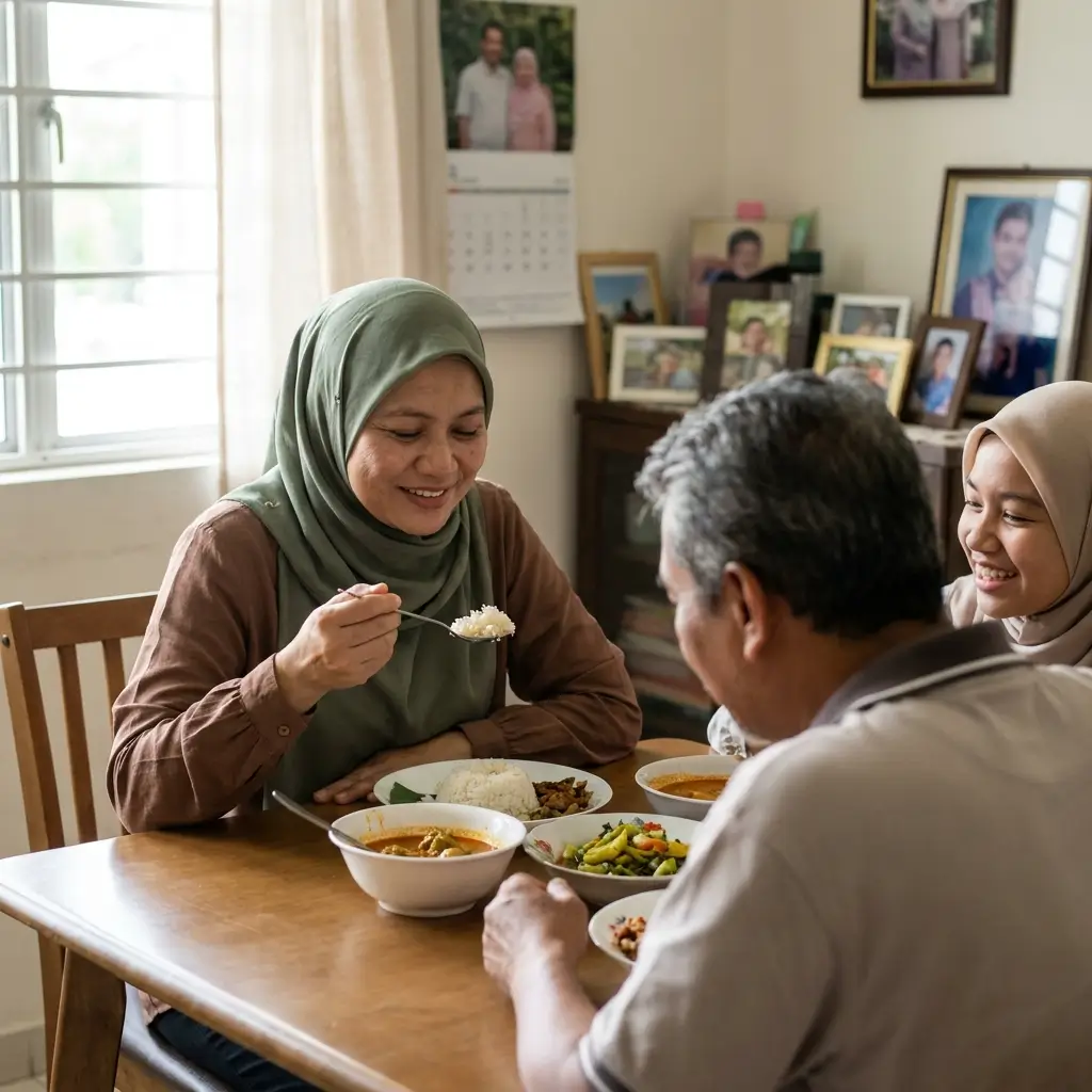 Wanita menikmati makanan bersama keluarga